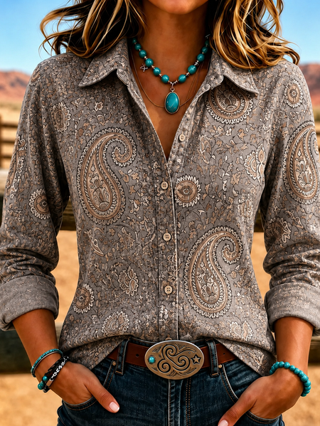 Women Paisley Shirt Collar Long Sleeve Shirt Printing Vintage Daily Spring/Fall Top
