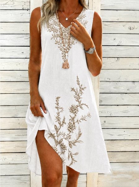 Women Floral Summer Printing Dress V Neck Sleeveless Tank A-Line Dress