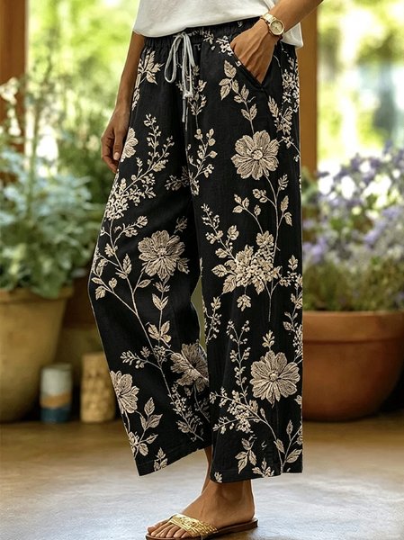 Women Floral Long Pants Vintage Spring/Fall Trousers