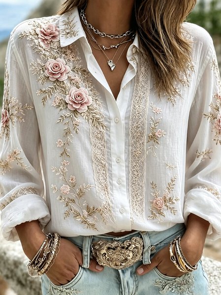 Women Floral Shawl Collar Long Sleeve Shirt Vintage Holiday Spring/Fall Top