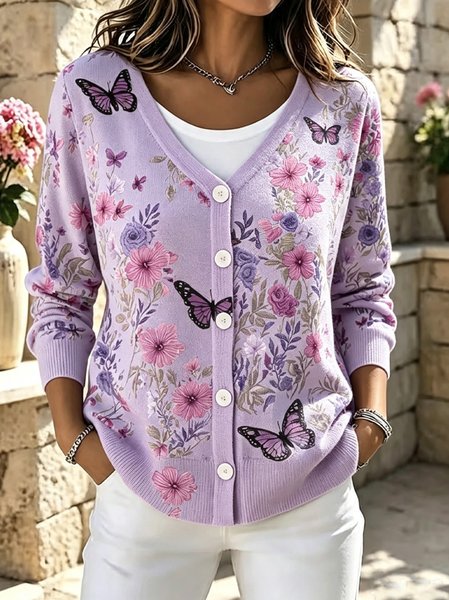 Women Floral Long Sleeve V Neck Casual Spring/Fall Cardigan Outerwear