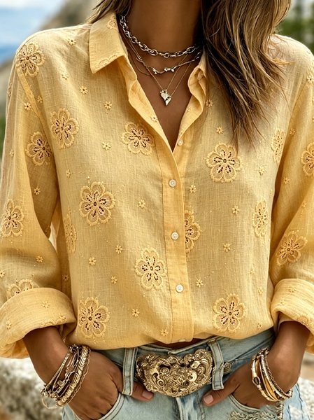 Women Floral Shawl Collar Long Sleeve Shirt Vintage Holiday Spring/Fall Top