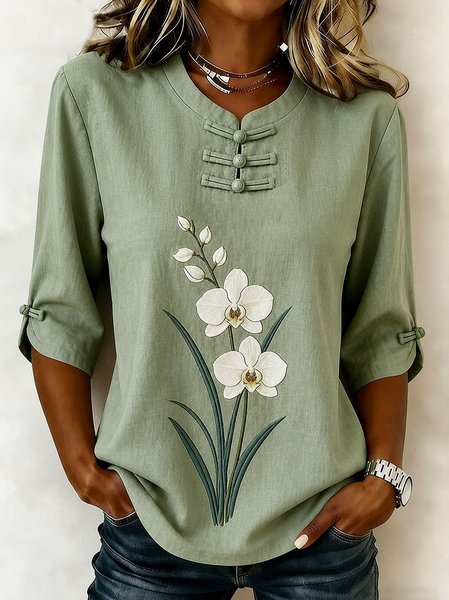 Women Floral Crew Neck Half Sleeve Blouse Casual Daily Summer Top