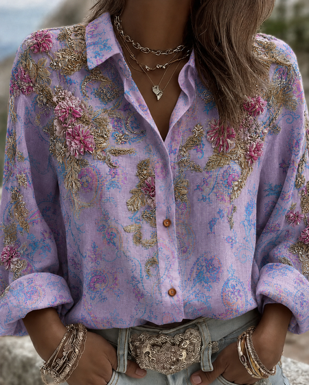Women Floral Shirt Collar Long Sleeve Shirt Printing Vintage Daily Spring/Fall Top