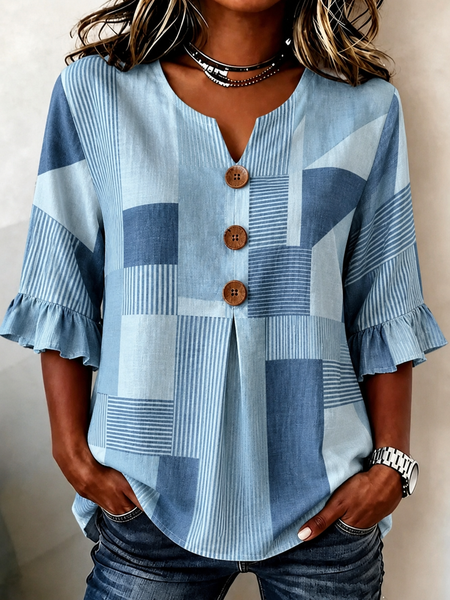 Women Abstract Graphic V Neck Half Sleeve Blouse Vintage Daily Summer Top