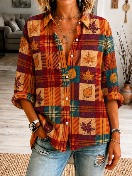 Women Plaid Shirt Collar Long Sleeve Shirt Printing Vintage Daily Spring/Fall Top