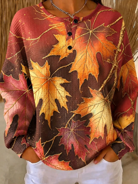 Women Maple Leaf Crew Neck Printing Casual Spring/Fall Long Sleeve Sweatshirt