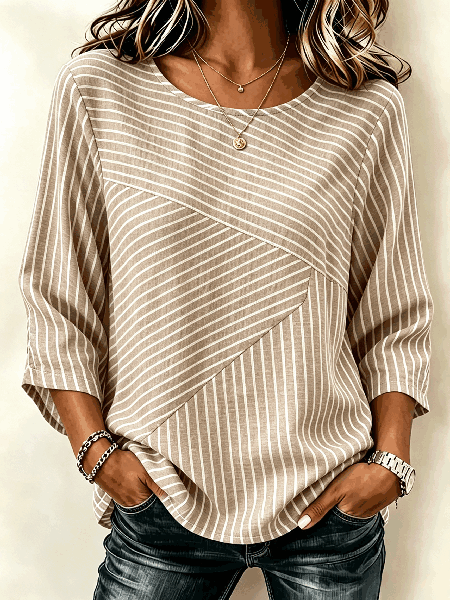 Women Striped Crew Neck Three Quarter Sleeve Blouse Casual Daily Spring/Fall Top