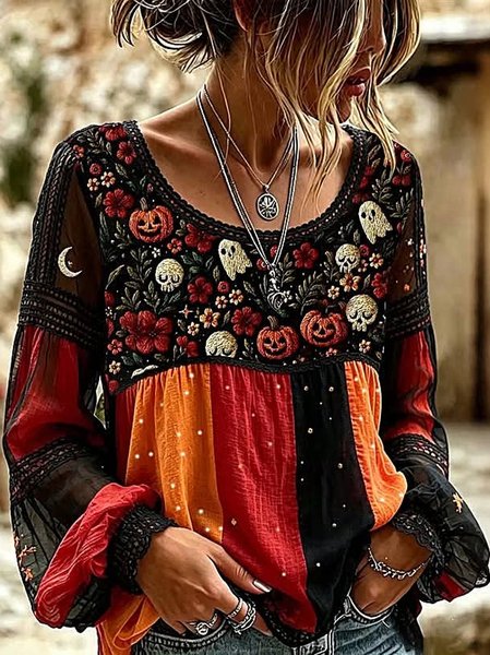 Women Floral Crew Neck Long Sleeve Blouse Printing Casual Holiday Spring/Fall Top