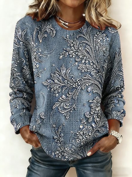 Women Floral Crew Neck Casual Spring/Fall Long Sleeve Sweatshirt