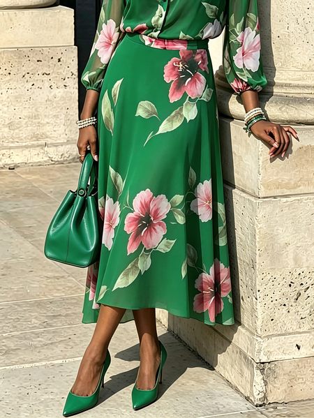 Elegant Printing Floral Midi Skirt