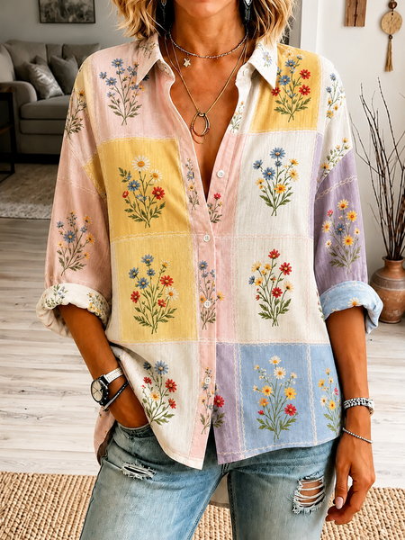 Women Geometric Shirt Collar Long Sleeve Shirt Printing Vintage Daily Spring/Fall Top
