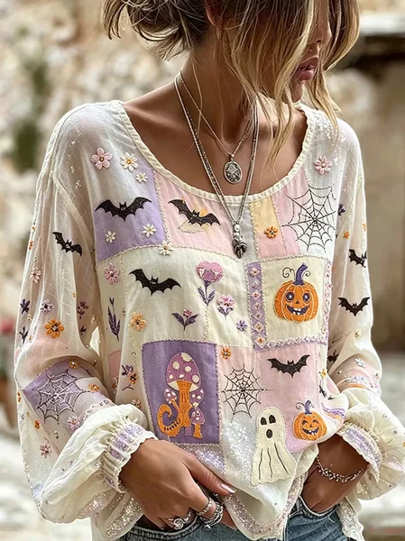 Women Halloween Crew Neck Long Sleeve Blouse Printing Casual Holiday Spring/Fall Top