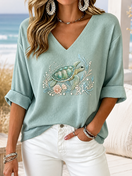 Women Marine Life Half Sleeve Tee T-shirt V Neck Vintage Summer Top