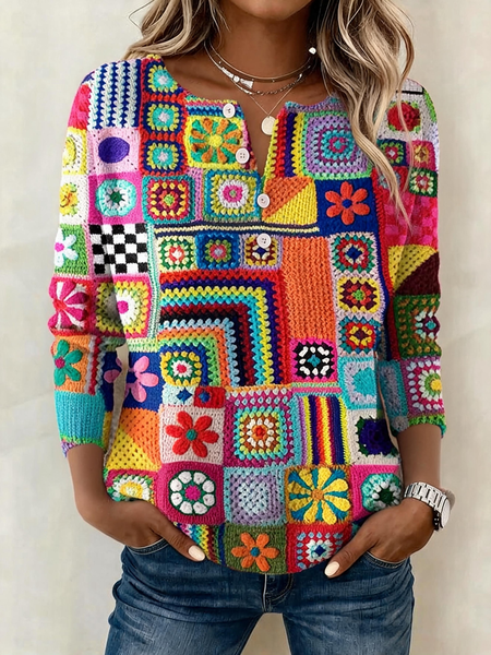 Women Abstract Graphic Long Sleeve Tee T-shirt Henley Collar Vintage Spring/Fall Top