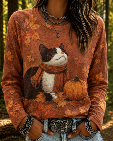 Women Cat Long Sleeve Tee T-shirt Crew Neck Printing Casual Spring/Fall Top