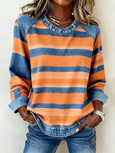 Women Abstract Stripes Crew Neck Printing Vintage Spring/Fall Long Sleeve Sweatshirt
