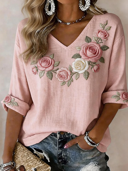 Women Floral Half Sleeve Tee T-shirt V Neck Printing Vintage Summer Top