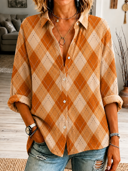 Women Plaid Shirt Collar Long Sleeve Shirt Printing Vintage Daily Spring/Fall Top