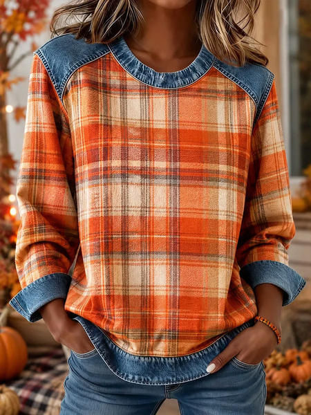 Women Plaid Crew Neck Printing Vintage Spring/Fall Long Sleeve Sweatshirt