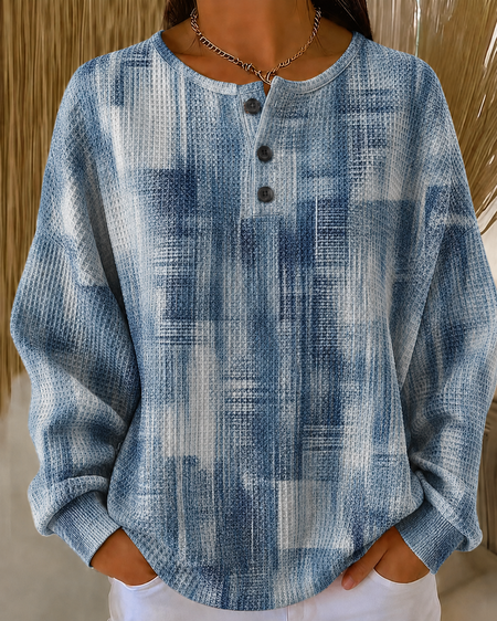Women Geometric Henley Collar Casual Spring/Fall Long Sleeve Sweatshirt