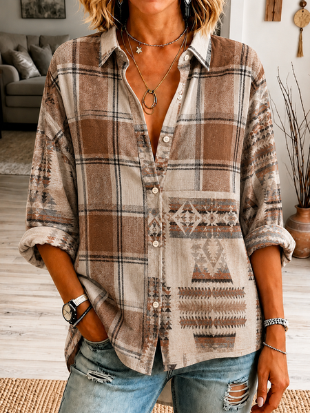 Women Plaid Shirt Collar Long Sleeve Shirt Printing Vintage Daily Spring/Fall Top