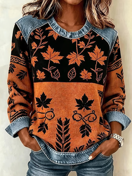 Women Maple Leaf Crew Neck Printing Vintage Spring/Fall Long Sleeve Sweatshirt