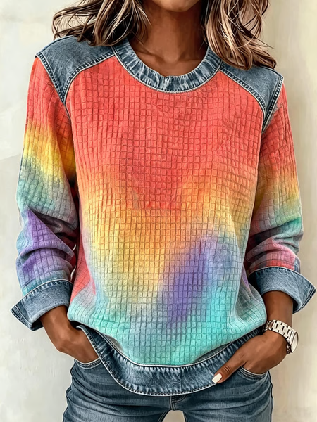 Women Ombre Crew Neck Printing Vintage Spring/Fall Long Sleeve Sweatshirt