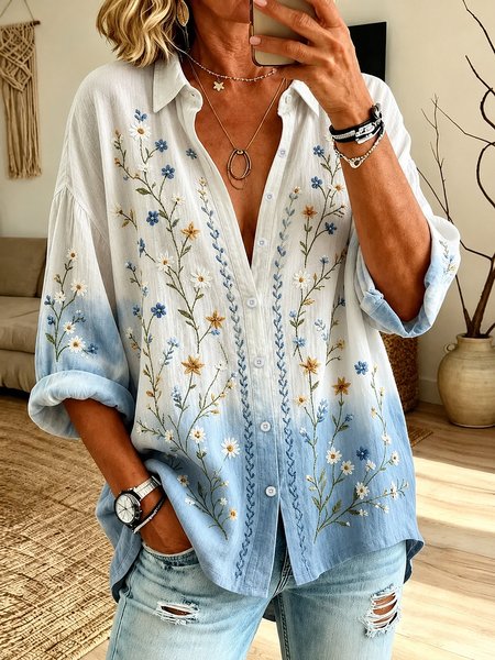 Women Floral Shirt Collar Long Sleeve Shirt Printing Vintage Daily Spring/Fall Top