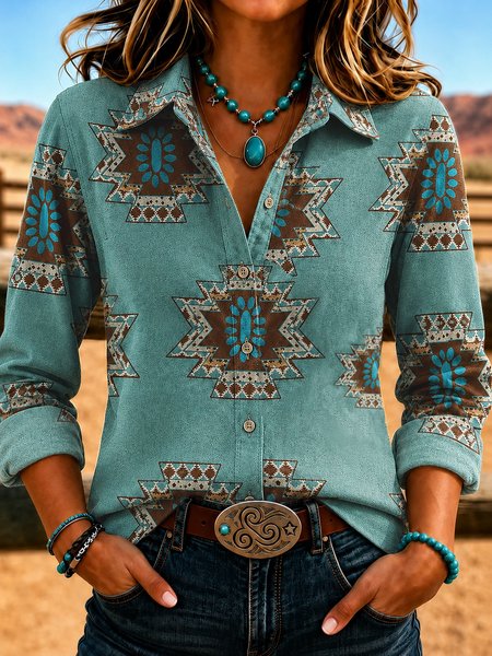 Women Plain Shirt Collar Long Sleeve Shirt Printing Vintage Daily Spring/Fall Top