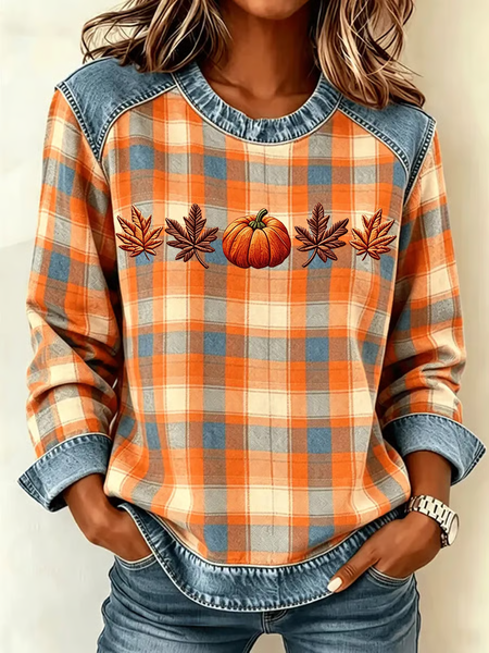Women Plaid Crew Neck Printing Vintage Spring/Fall Long Sleeve Sweatshirt
