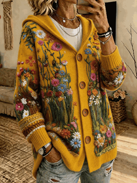 Women Floral Long Sleeve Hoodie Vintage Spring/Fall Cardigan Outerwear