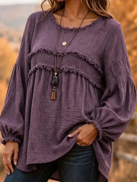 Women Plain Crew Neck Long Sleeve Blouse Casual Daily Spring/Fall Top
