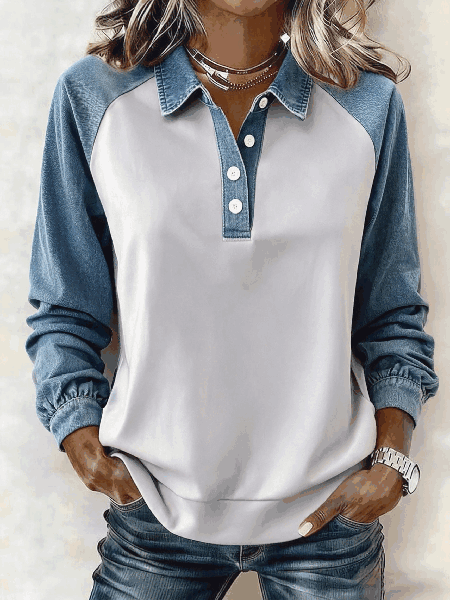 Women Contrast Stitching Shirt Collar Casual Spring/Fall Long Sleeve Sweatshirt