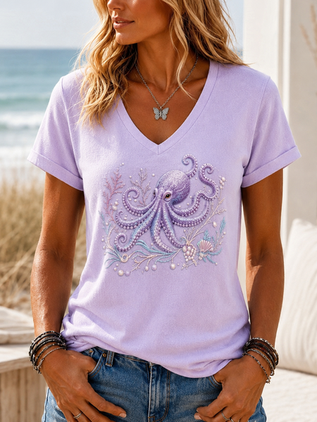 Women Marine Life Short Sleeve Tee T-shirt V Neck Casual Summer Top