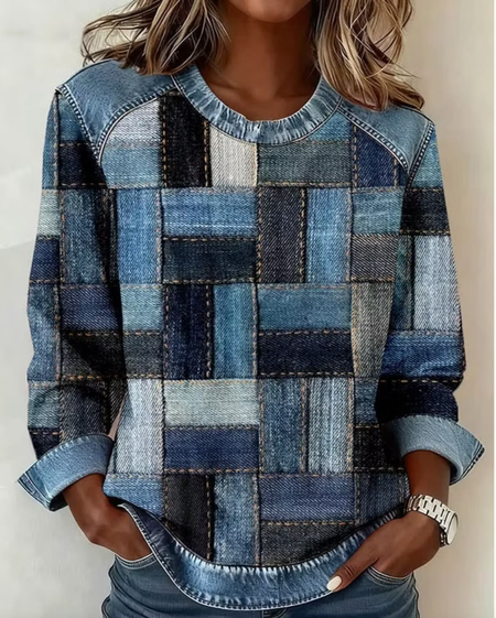 Women Contrast Stitching Crew Neck Casual Spring/Fall Long Sleeve Sweatshirt