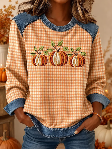 Women Plaid Crew Neck Printing Vintage Spring/Fall Long Sleeve Sweatshirt