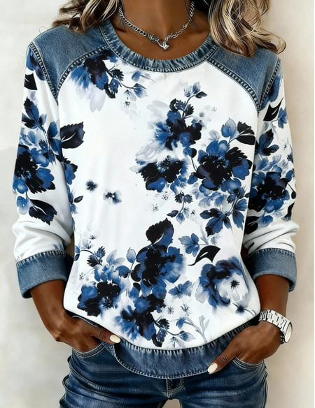 Women Floral Crew Neck Printing Casual Spring/Fall Long Sleeve Sweatshirt