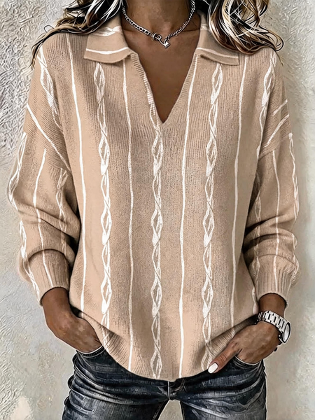 Women Geometric Casual Long Sleeve V Neck Spring/Fall Sweater