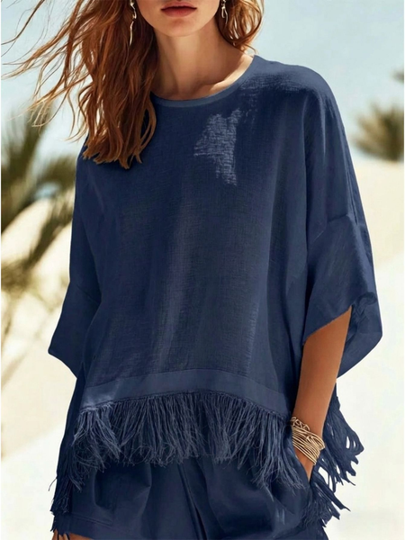 Women Plain V Neck Half Sleeve Blouse Tassel Casual Daily Summer Top