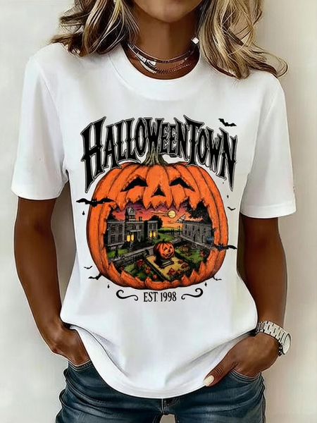 Women Halloween (pumpkin) Short Sleeve Tee T-shirt Crew Neck Casual Summer Top