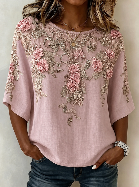 Women Floral Pattern Crew Neck Half Sleeve Blouse Printing Vintage Daily Summer Top