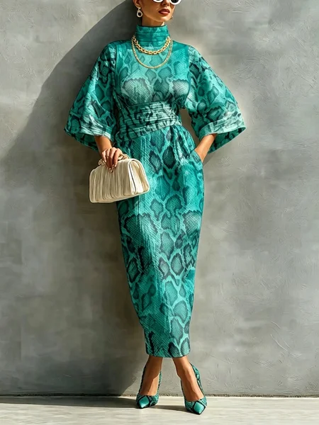Elegant Snakeskin Printing Mock Neck Maxi Dress 1 Elegant Snakeskin Printing Mock Neck Maxi Dress
