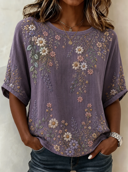 Women Floral Crew Neck Half Sleeve Blouse Printing Vintage Daily Summer Top
