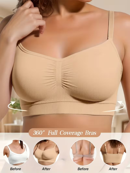 Soft, breathable, seamless, wire-free, full-cup bra that hides back fat and supports yoga, running, and sports.