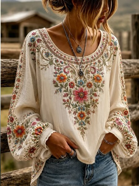 Women Floral Crew Neck Long Sleeve Blouse Printing Casual Daily Spring/Fall Top