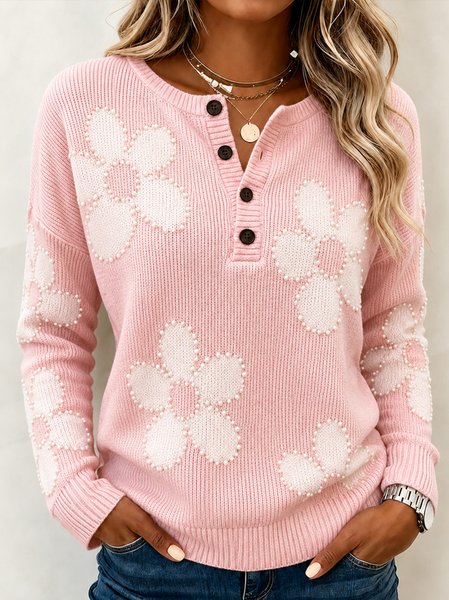 Women Floral Long Sleeve Tee T-shirt Henley Collar Casual Spring/Fall Top