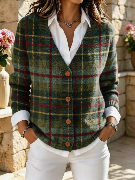 Women Plaid Long Sleeve V Neck Vintage Spring/Fall Cardigan Outerwear