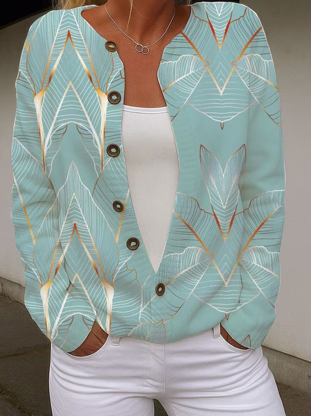 Women Abstract Long Sleeve Crew Neck Vintage Spring/Fall Cardigan Outerwear