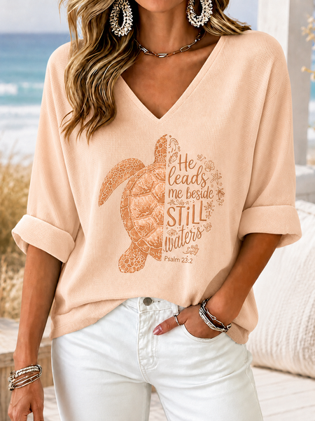 Women Marine Life Half Sleeve Tee T-shirt V Neck Vintage Summer Top